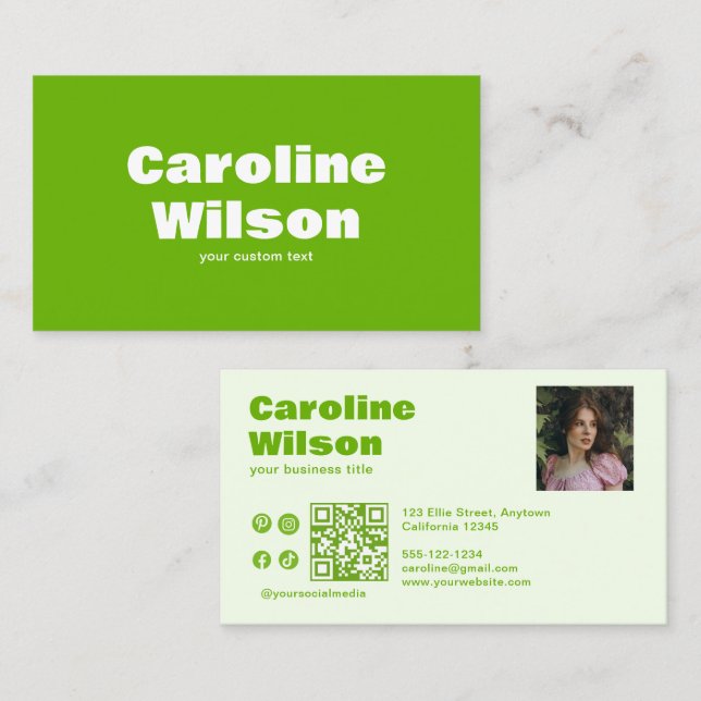 Modern Retro Lime Green Professional Photo QR Code Business Card (Front/Back)
