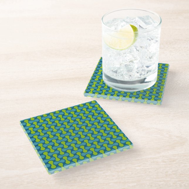 Modern Retro Link Pattern in Blue and Green Glass Coaster (Angled)