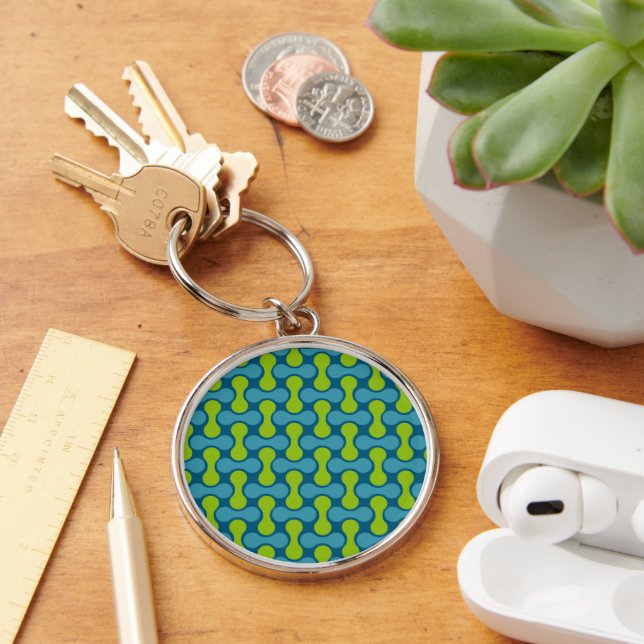 Modern Retro Link Pattern in Blue and Green Key Ring (Desk)