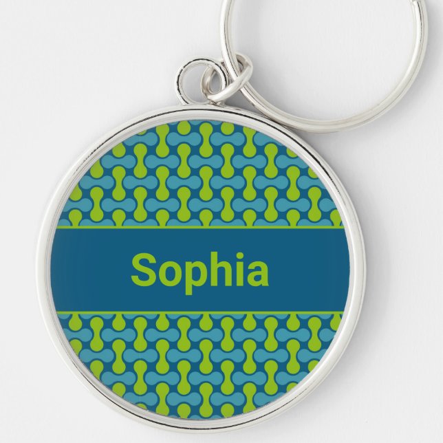 Modern Retro Link Pattern in Blue and Green Key Ring (Front)