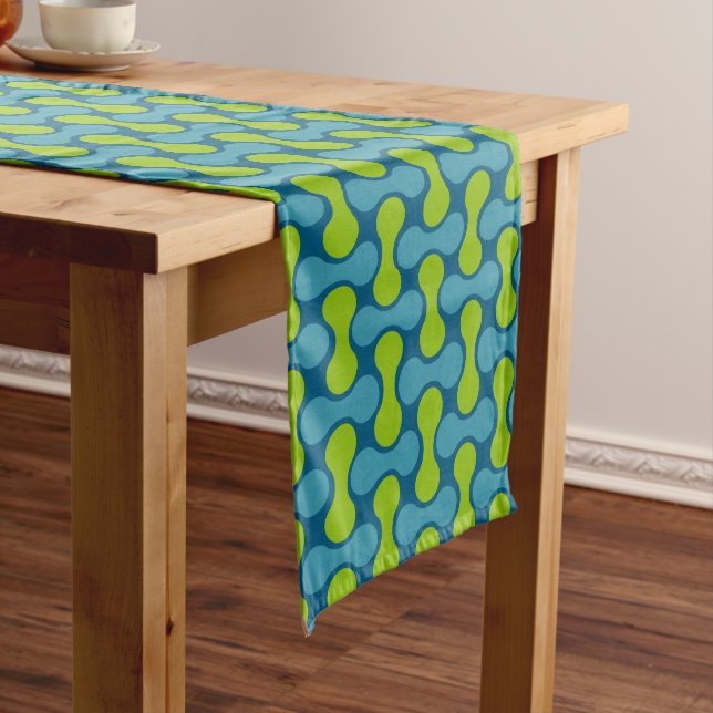 Modern Retro Link Pattern in Blue and Green  Long Table Runner (In Situ)