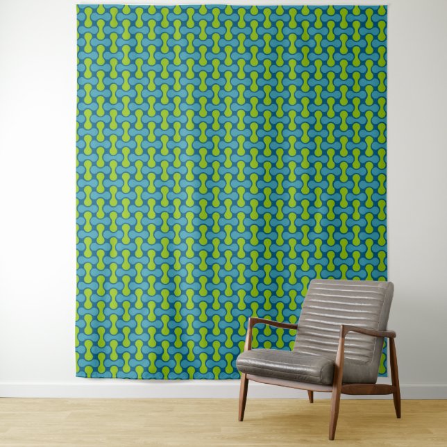 Modern Retro Link Pattern in Blue and Green  Tapestry (In Situ)
