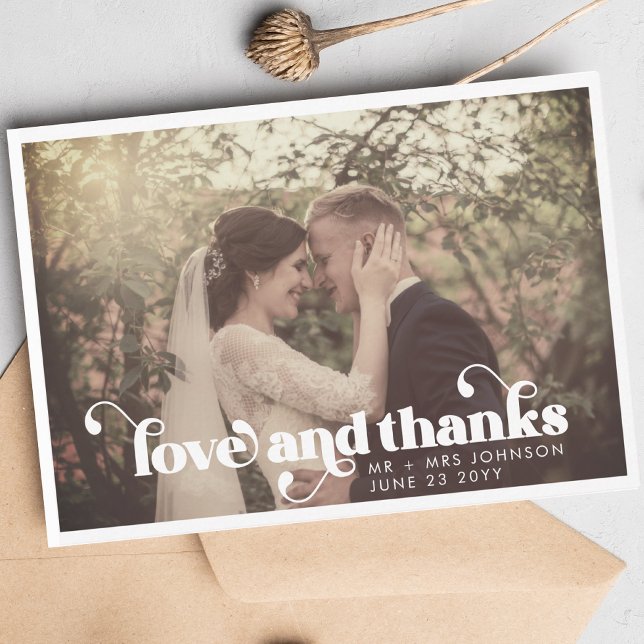 Modern Retro Love and Thanks Wedding Photo Thank You Card (Creator Uploaded)