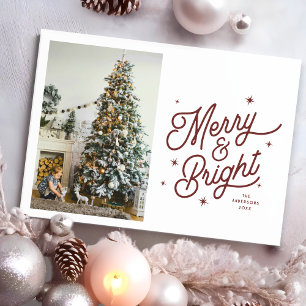 Modern Retro Merry and Bright Family Photo Script Holiday Card