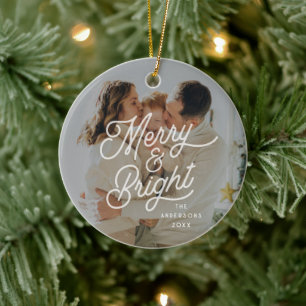 Modern Retro Merry and Bright Photo Bold Script  Ceramic Tree Decoration