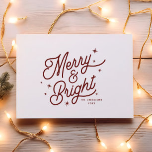 Modern Retro Merry and Bright Script Cherry Red Holiday Card