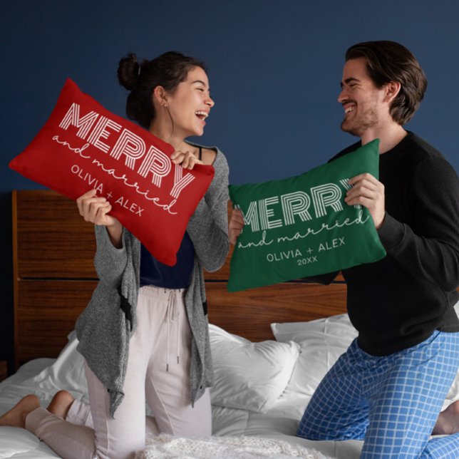 Modern Retro Merry and Married First Christmas Lumbar Cushion (Creator Uploaded)