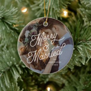 Modern Retro Merry and Married Photo Bold Script  Ceramic Tree Decoration