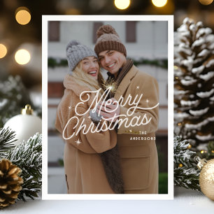 Modern Retro Merry Christmas Photo Stars Script  Holiday Card