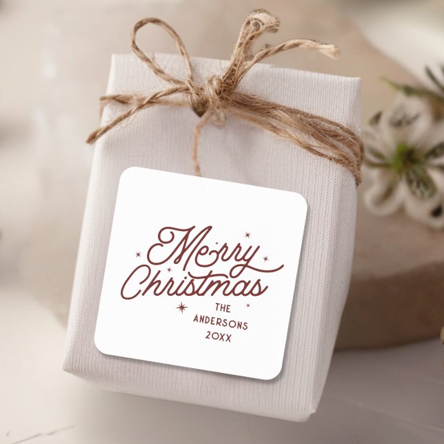 Modern Retro Merry Christmas Script | Cherry Red  Square Sticker (Creator Uploaded)