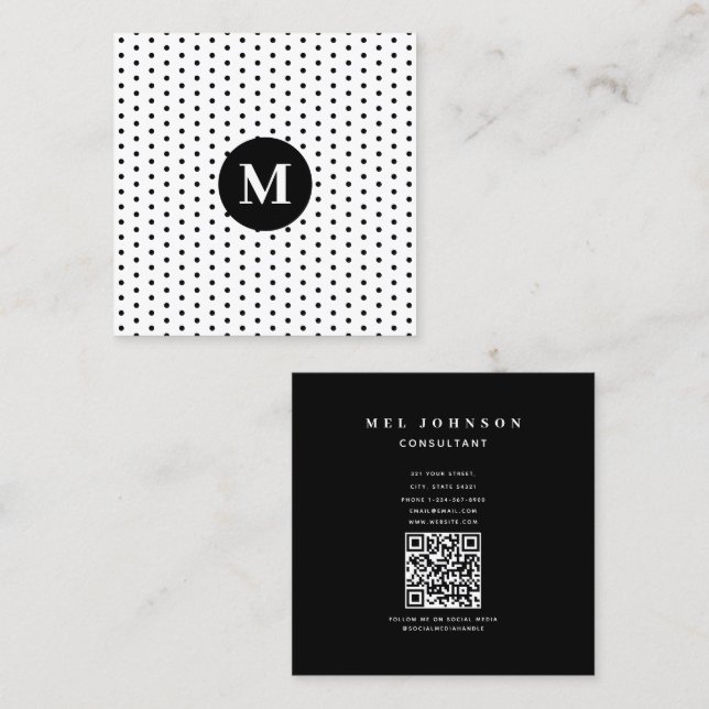 Modern Retro Minimalist Initial QR Code Square Business Card (Front/Back)