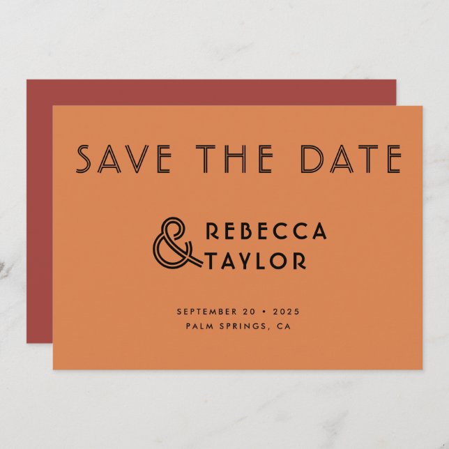 Modern Retro Minimalist Orange Red Wedding Save The Date (Front/Back)