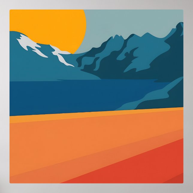 Modern Retro Mountain Landscape – Vibrant Red and  Foil Prints (Front)