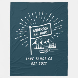 Modern Retro Nautical Family Lake House Navy Blue Fleece Blanket