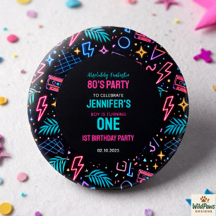 Modern Retro Neon 80’s 1st Birthday Party 3 Cm Round Badge