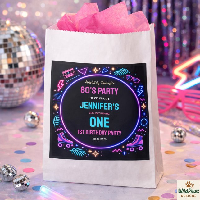 Modern Retro Neon 80’s 1st Birthday Party Favour Bags (Modern Retro Neon 80’s 1st Birthday Party favor bag )