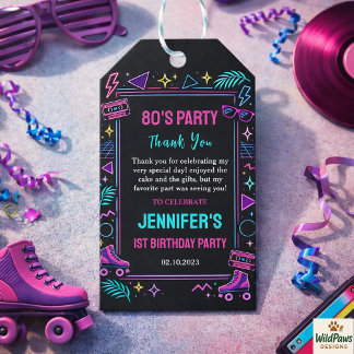 Modern Retro Neon 80’s 1st Birthday Party Gift Tags
