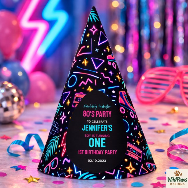Modern Retro Neon 80’s 1st Birthday Party Hat (Modern Retro Neon 80’s 1st Birthday Party hat )