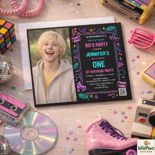 Modern Retro Neon 80’s 1st Birthday Party Invitation
