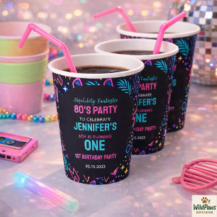 Modern Retro Neon 80’s 1st Birthday Party Paper Cups