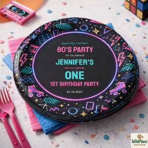 Modern Retro Neon 80’s 1st Birthday Party Paper Plate