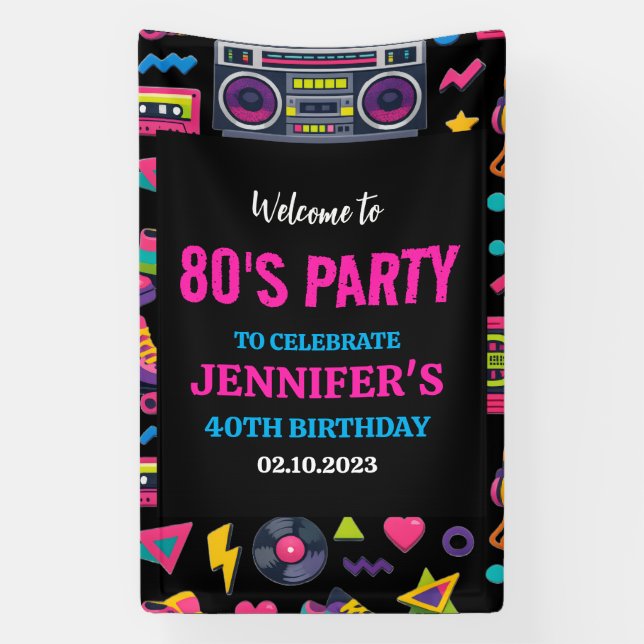 Modern Retro Neon 80’s Birthday Party for Adults Banner (Vertical)