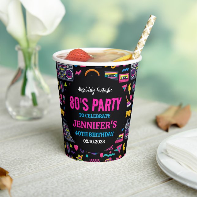 Modern Retro Neon 80’s Birthday Party for Adults Paper Cups (Insitu)