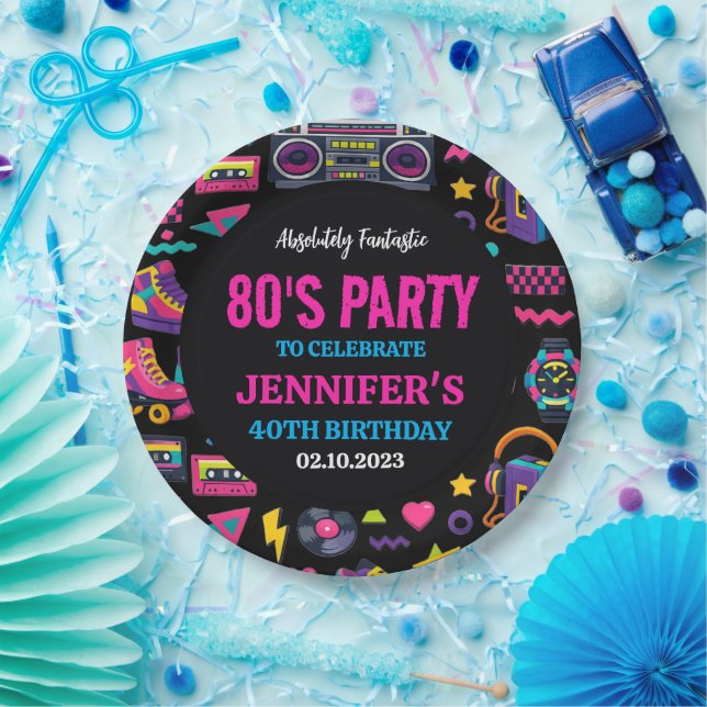 Modern Retro Neon 80’s Birthday Party for Adults Paper Plate (Party)