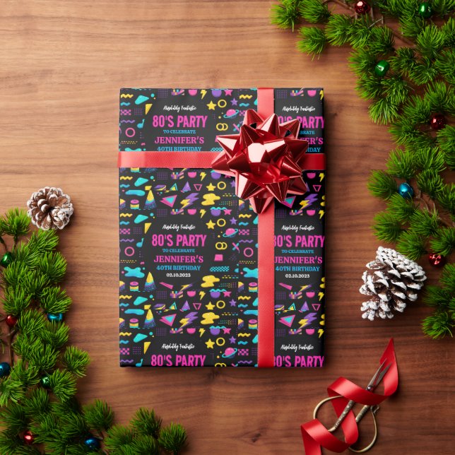Modern Retro Neon 80’s Birthday Party for Adults Wrapping Paper (Holiday Gift)
