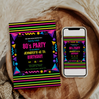 Modern Retro Neon 80's Birthday Party Invitation