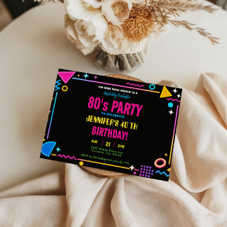 Modern Retro Neon 80's Birthday Party Invitation