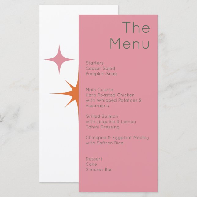 Modern Retro Olive Green & Pink Wedding Menu (Front/Back)