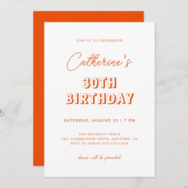 Modern Retro Orange 30th Birthday Party Invitation (Front/Back)