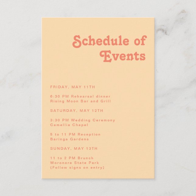 Modern Retro | Orange Cream Schedule of Events Enclosure Card (Front)