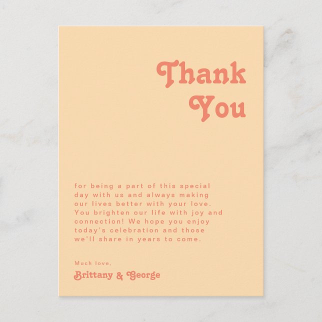 Modern Retro Orange Reception Table Thank You Card (Front)