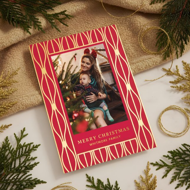 Modern Retro Ornament Pattern Photo Christmas (Modern Retro Ornament Pattern Photo Christmas Foil Holiday Card)