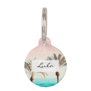 Modern retro palm tree sunset pink blue beach whit pet tag