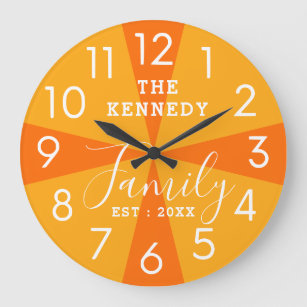 Modern Retro Pattern Orange Yellow Family Name Large Clock