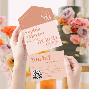 Modern Retro Peach and Cream Photo Wedding All In One Invitation