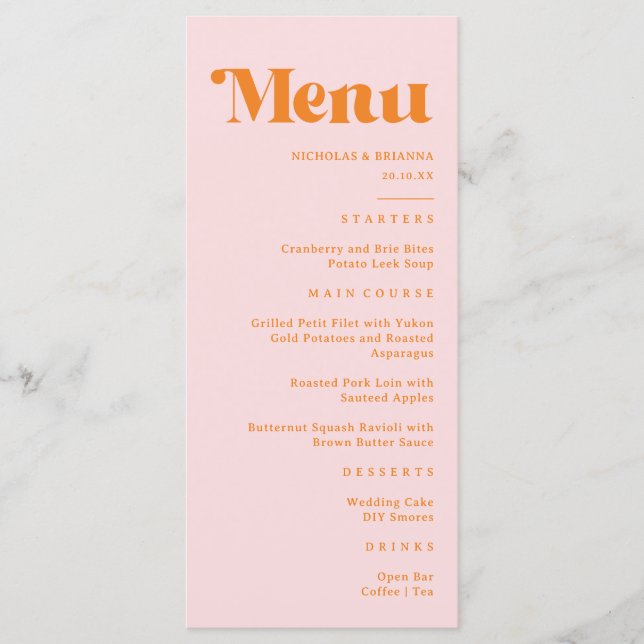 Modern Retro Pink and Orange Wedding Menu (Front)