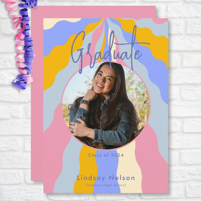 Modern Retro Pink Purple Waves Photo Graduation Invitation (Modern Retro Pink Purple Waves Photo Graduation Invitation)