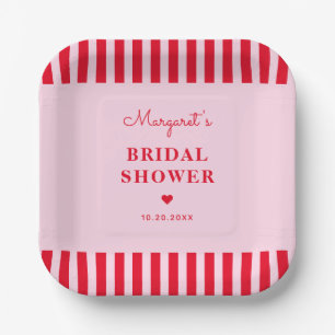 Modern Retro Pink & Red Stripes Bridal Shower Paper Plate