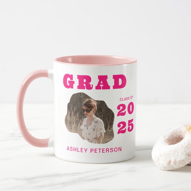 Modern Retro Pink Typography Photo Graduation Mug (With Donut)