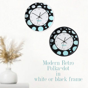 Modern Retro Polka-dots Blue White and Black Clock
