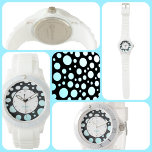 Modern Retro Polka-dots Blue White and Black Watch<br><div class="desc">Personalise this modern fun and funky retro style polka-dots watch with a Name or your own text within the circular border of turquoise blue and white gradient circles on black.

This image is original photography by JLW_PHOTOGRAPHY.</div>