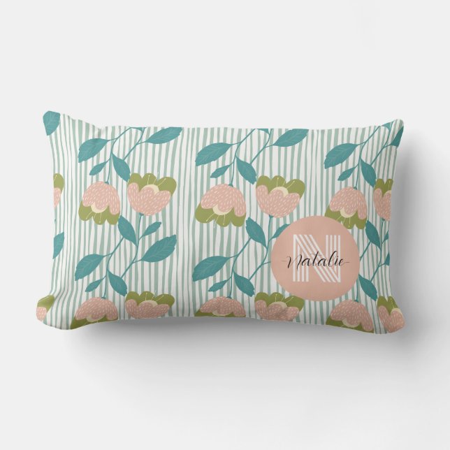 Modern retro Pretty monogram pattern floral blue Lumbar Cushion (Front)
