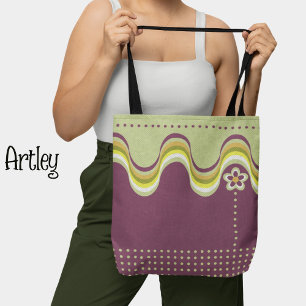 Modern Retro Purple Green Groovy Geometric Floral Tote Bag