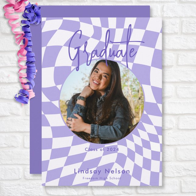 Modern Retro Purple & White Check Photo Graduation Invitation (Modern Retro Purple & White Check Photo Graduation Invitation)