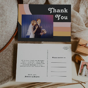 Modern Retro Rainbow Dark Photo Wedding Thank You Postcard