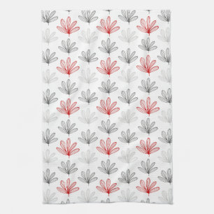 Modern Retro Red and Grey Floral Tea Towel
